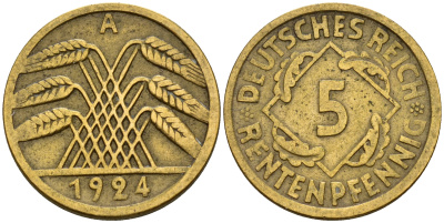Германия 5 рентенпфеннигов 1924 A KM 39 алюминиевая бронза    4189-225