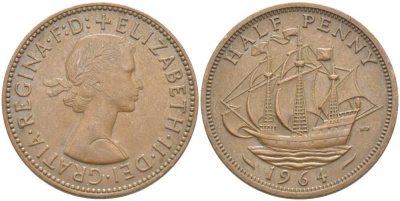 Великобритания 1/2 пенни 1964 Елизавета II (1952-2022) KM 896, Spink 4158 бронза 113-243