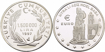 Турция 1500000 лир 1997 Санта-Клаус из Миры (Николай Чудотворец) KM 1100 серебро PROOF 1068-4-14