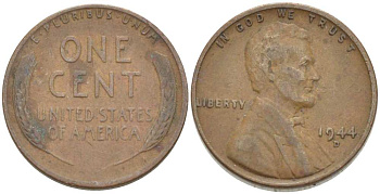 США 1 ЦЕНТ 1944 D, ЛИНКОЛЬН KM А132 медь цинк 218-145