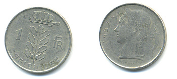 БЕЛЬГИЯ 1 ФРАНК 1952 BELGIQUE KM 142.1 медно-никель 86-1331