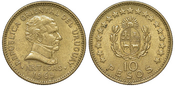Уругвай 10 песо 1965 KM 48 алюминиевая бронза 4572-431