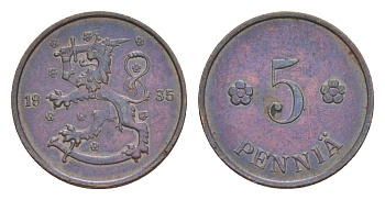 Финляндия 5 пенни 1935 KM 22 медь 4647-249