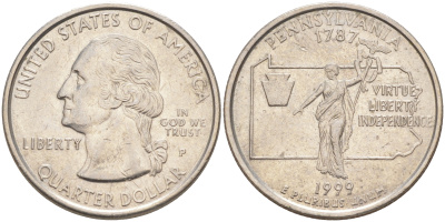 США 25 центов = квотер 1999 Р, серия штаты США, Пенсильвания KM 294 медь плакированная медно-никелем 4114-135