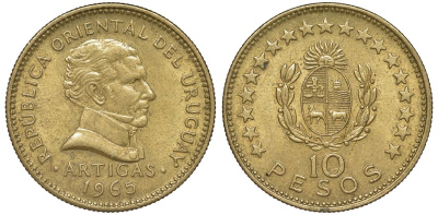 Уругвай 10 песо 1965 KM 48 алюминиевая бронза 4572-431