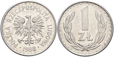 Польша 1 злотый 1988 MW KM 49.2 алюминий    4159-1257
