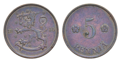 Финляндия 5 пенни 1935 KM 22 медь 4647-249