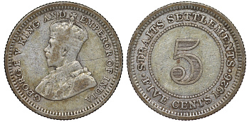 Стрейтс-Сетлментс 5 центов 1926 Георг V (1910-1936) КМ 36 серебро 53-519