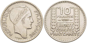 Франция 10 франков 1948 тип Пьер Турин KM 909.1, Le Franc 362.3 медно-никель 210-1127