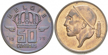 БЕЛЬГИЯ 50 САНТИМОВ 1979 BELGIE, БОДУЭН I (1951-1993) KM 149.1 бронза UNC 3996-1258