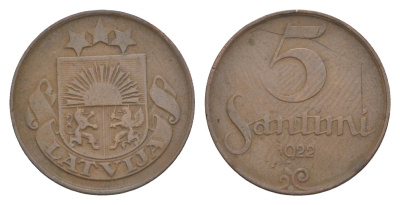 Латвия 5 сантимов 1922 KM 3 бронза 4636-241
