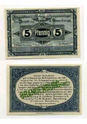 Германия 5 пфеннигов 1917 инспекция лагерей военнопленных в Бранденбурге, III-ий Армейский корпус C-2768 бумага UNC (пресс) 504-71-3-1