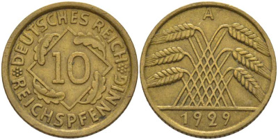 ГЕРМАНИЯ 10 РЕЙХСПФЕННИГОВ 1929 A KM 40, J. 317 алюминиевая бронза 4401-427