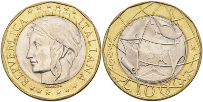 Италия 1000 лир 1998 R, карта европы KM 194 биметалл 4126-111