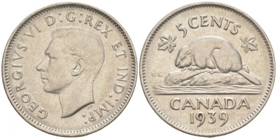 Канада 5 центов 1939 Георг VI (1937-1952), бобр KM 33 никель 73-1125