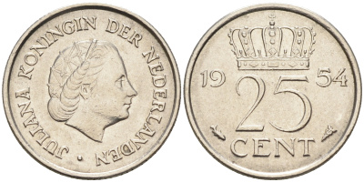 Нидерланды 25 центов 1954 Юлиана (1949-1980) KM 183 никель    4174-642