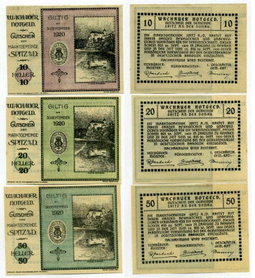 Австрия, Шпиц-ан-дер-Донау (Гилтиг) набор из 3 банкнот 10, 20, 50 геллеров 1920 30 сентября 1920, нотгельд, земля Нижняя Австрия   бумага  UNC (пресс) 7555-29-2-2