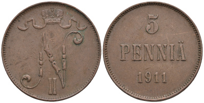 Россия для Финляндии 5 пенни 1911 Николай II (1894-1917) KM 15, Биткин 451 медь 85-322