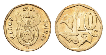 ЮАР 10 центов 2001 герб, цветок алоэ KM 224 сталь плакированная бронзой UNC 4690-1028