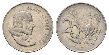 ЮАР 20 центов 1965 Ян ван Рибек (1619-1677), South Africa, легенда на английском, цветок протея KM 69.1 никель 4693-642