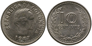 Колумбия 10 сентаво 1977 KM 253 сталь плакированная никелем 4528-768