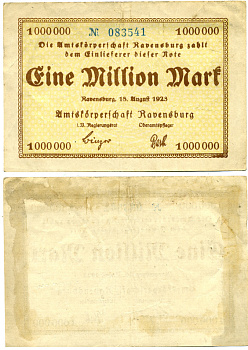 Германия, Равенсбург 1000000 марок 1918 нотгельд, земля Баден-Вюртемберг, 18 августа 1923 Keller 4454а бумага 3295-90-2