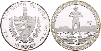 Куба 10 песо 1997 серия семь чудес света, колосс Родосский KM 596 серебро  PROOF 05-091-35