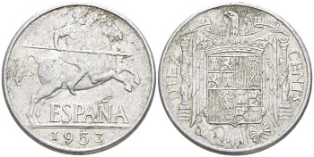 ИСПАНИЯ 10 СЕНТИМО 1953 РЫЦАРЬ НА КОНЕ KM 766 алюминий 213-117