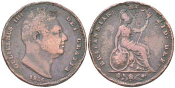 Великобритания 1 фартинг 1836 Вильгельм IV (1830-1837) KM 705, Spink 3848 медь 4613-366