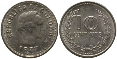Колумбия 10 сентаво 1977 KM 253 сталь плакированная никелем 4528-768