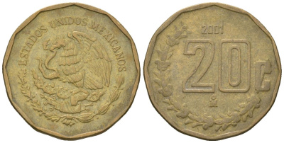 Мексика 20 сентаво 2001 M KM 548 алюминиевая бронза 4598-742