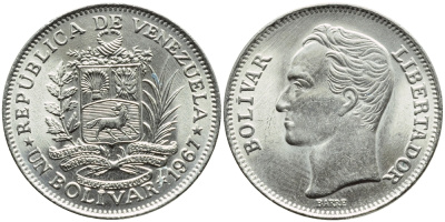 Венесуэла 1 боливар 1967 Симон Боливар KM 42 никель 51-626
