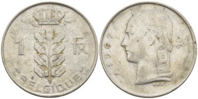 БЕЛЬГИЯ 1 ФРАНК 1967 BELGIQUE, БОДУЭН I (1951-1993) KM 142.1 медно-никель 119-455