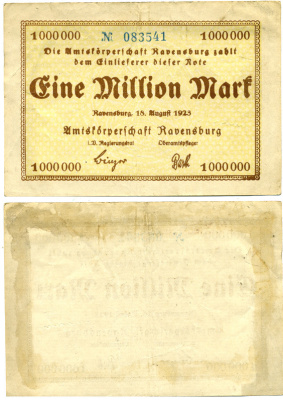Германия, Равенсбург 1000000 марок 1918 нотгельд, земля Баден-Вюртемберг, 18 августа 1923 Keller 4454а бумага 3295-90-2