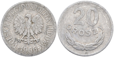 Польша 20 грошей 1966 MW KM A47 алюминий 3336-621