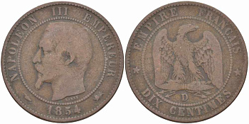 ФРАНЦИЯ 10 САНТИМОВ 1854 D, НАПОЛЕОН III (1852-1870) KM 771.4, LE FRANC 133.14 бронза 38-943