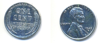 США 1 цент 1943 S (Сан-Франциско), Авраам Линкольн KM 132a сталь плакированная цинком 4392-741