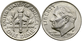 США 10 ЦЕНТОВ = 1 ДАЙМ 1999 P, РУЗВЕЛЬТ KM 195а медь плакированная медно-никелем 46-1029