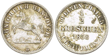 ГАННОВЕР 1/2 ГРОША 1858 В, ГЕОРГ V (1851-1866) KM 235, Jaeger 92, AKS 151 серебро 206-324