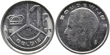 БЕЛЬГИЯ 1 ФРАНК 1991 BELGIE KM 171 сталь плакированная никелем 99-1243