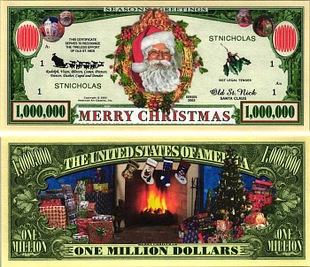 США 1000000 ДОЛЛАРОВ 2002 СУВЕНИРНАЯ БАНКНОТА, СВЯТОЙ САНТА НИК, СЧАСТЛИВОГО РОЖДЕСТВА бумага UNC (ПРЕСС) 7198-44-3-1