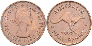 Австралия 1/2 пенни 1960 p, Елизавета II (1953- ), кенгуру KM 61 бронза 77-647