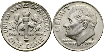 США 10 ЦЕНТОВ = 1 ДАЙМ 1999 P, РУЗВЕЛЬТ KM 195а медь плакированная медно-никелем 46-1029