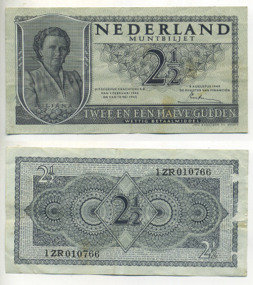 НИДЕРЛАНДЫ 2 1/2 ГУЛЬДЕНА 1949 8 АВГУСТА 1949, КОРОЛЕВА ЮЛИАНА Pick 73 бумага 7553-26-1
