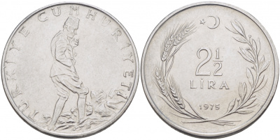 ТУРЦИЯ 2 1/2 ЛИРЫ 1975 KM 893.2 сталь 215-234