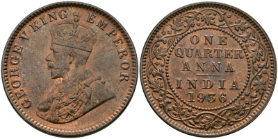 Британская Индия 1/4 анна 1936 Георг V (1910-1936) KM 512 бронза UNC 94-231