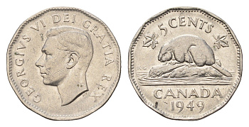 Канада 5 центов 1949 бобр, Георг VI (1936-1952) KM 42 никель 4679-662