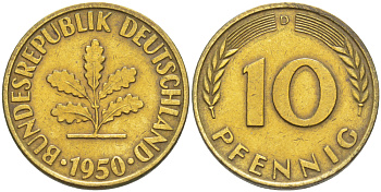 ФРГ 10 ПФЕННИГОВ 1950 D KM 108, J. 383 сталь плакированная латунью 4182-745