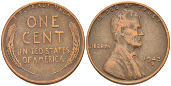 США 1 ЦЕНТ 1942 D, ЛИНКОЛЬН KM 132 бронза 218-425