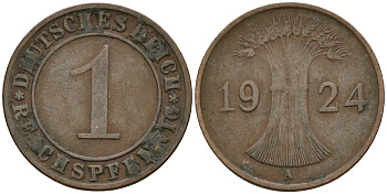 Германия 1 рейхспфенниг 1924 A KM 37, J. 313 бронза 4189-1056